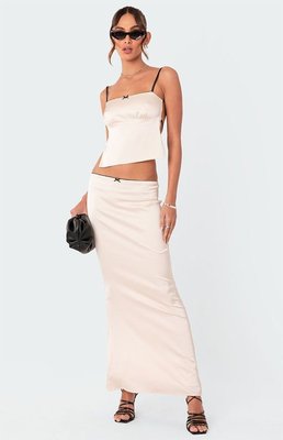 Edikted Women's Satin Back Slitted Low Rise Maxi Skirt In Beige