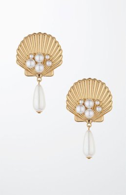Ettika Golden Seashell Pearl Drop Earrings