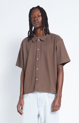 Men's Ribbed Woven Button Down Shirt In Brown