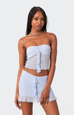 Edikted Women's Solange Ruffle Mesh Tube Top In Blue