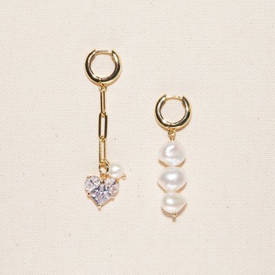 Gold Plated Freshwater Pearls, Diamond-like Zirconia Heart Pendant- Aya Earrings