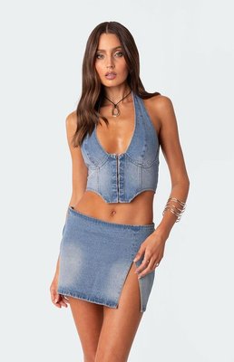 Edikted Women's Katrina Lace Up Denim Corset In Blue