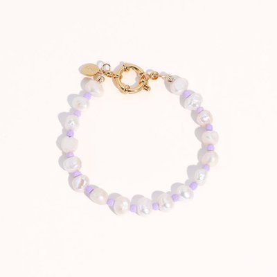 18K Gold Plated Freshwater Pearls with Purple Glass Beads - Taro Bracelet 9"
