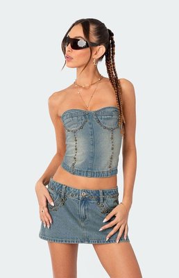 Edikted Women's Studded Washed Denim Lace-up Corset In Blue